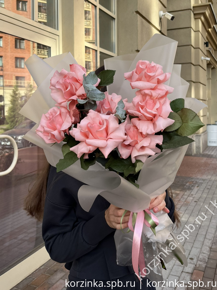 Монобукет из розовых французских роз | 7 шт